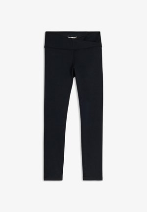 Leggings neri in tessuto elasticizzato con vita alta e senza motivi o decorazioni visibili. Texture liscia, design aderente.