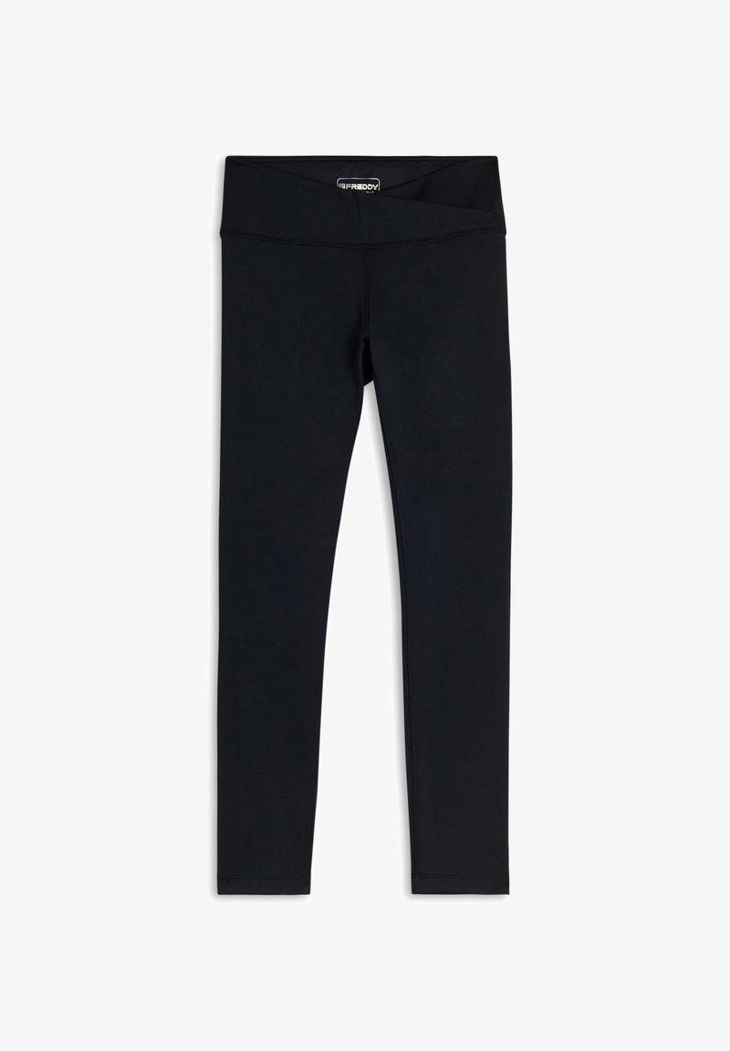 Leggings neri in tessuto elasticizzato con vita alta e senza motivi o decorazioni visibili. Texture liscia, design aderente.