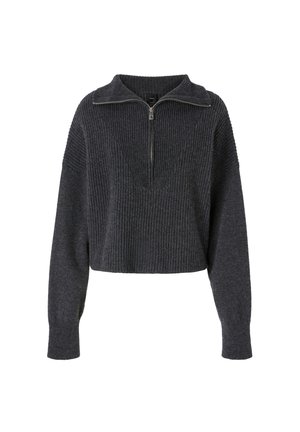 Maglione grigio scuro cropped realizzato in tessuto di maglia a coste. Presenta un colletto con mezza zip e maniche lunghe con polsini aderenti.