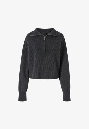 Maglione grigio scuro cropped realizzato in tessuto di maglia a coste. Presenta un colletto con mezza zip e maniche lunghe con polsini aderenti.