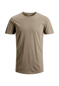 Camiseta de algodón marrón con cuello redondo y mangas cortas. La tela tiene una textura suave y un ajuste relajado, con sutiles detalles de costura.