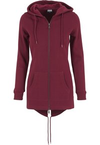 Felpa bordeaux con cappuccio e zip completa, due tasche frontali, coulisse sul cappuccio e orlo posteriore più lungo. Tessuto morbido.