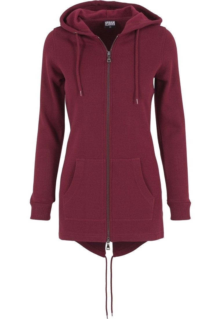 Felpa bordeaux con cappuccio e zip completa, due tasche frontali, coulisse sul cappuccio e orlo posteriore più lungo. Tessuto morbido.