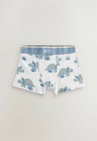 Killar i bomullboxershorts med vit bakgrund, blå dinosauriemönster och ett ljusblått midjeband med "NEXT" i vit text.