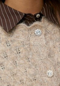 Jersey beige de punto con un patrón texturizado, combinado con una camisa marrón a rayas. Presenta un botón en forma de flor, adornado con joyas.