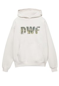 Witte hoodie met een kangoeroezak, geribbelde manchetten en zoom. Voorzien van een groene "DWF"-grafiek met een handgeschreven stijlaccent.