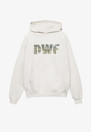 Felpa bianca con cappuccio, tasca a marsupio, polsini e orlo a coste. Presenta una grafica verde "DWF" con texture e un accento in stile calligrafico.