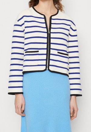 Veste rayée blanche et bleue, avec une fermeture éclair à l'avant, des finitions noires et deux poches avant ; associée à une jupe bleu clair.