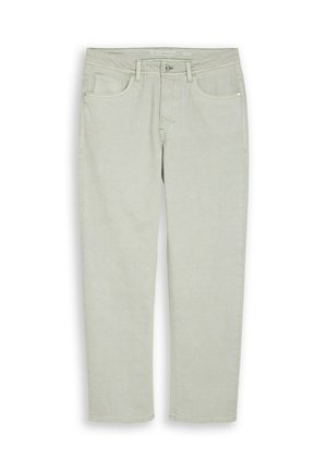 Jeans bej deschis, cu croială dreptă, buzunare frontale, bucle pentru curea și închidere cu nasture și fermoar, mărime 32 la talie și 32 ca lungime.