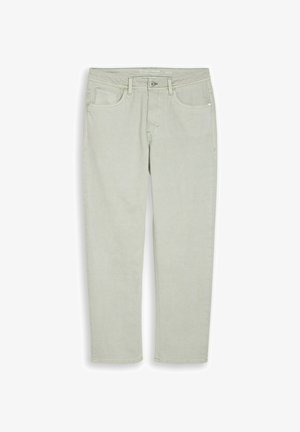 Jeans bej deschis, cu croială dreptă, buzunare frontale, bucle pentru curea și închidere cu nasture și fermoar, mărime 32 la talie și 32 ca lungime.