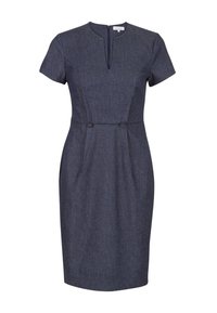 Mörkblå denimklänning med korta ärmar, rund halsringning och en slits framtill. Har två dekorativa knappar vid midjan som accent.