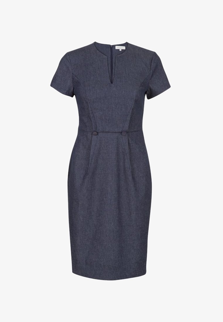 Dark blue denim dress with short sleeves, a round neckline, and a front slit. Features two decorative buttons on the waist for accent.