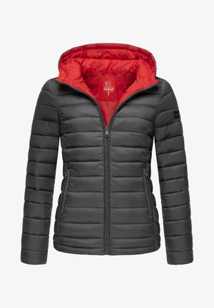 Czarna kurtka puchowa z czerwoną podszewką, z zapięciem na zamek, poziomym pikowaniem i bocznymi kieszeniami. Z kapturem i dopasowanym krojem.