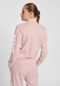 Roze zip-up jack met hoge kraag, lange mouwen en witte accentstrepen op de mouwen. Glad textuur en getailleerd ontwerp, gecombineerd met bijpassende broek.