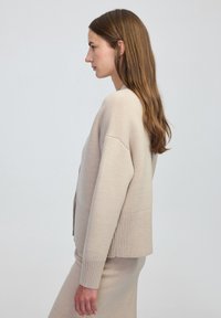 Cardigan beige lavorato a maglia con orlo e polsini a coste, caratterizzato da una vestibilità rilassata. Texture morbida, indossato sopra una gonna coordinata. Vista di profilo.