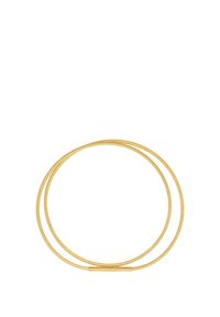 Gullbelagt metallkjede med en slank, dobbeltløkedesign. Har en jevn overflate og en minimalistisk lås i midten.