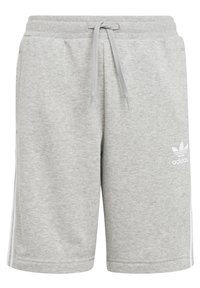 Pilki medvilnės mišinio šortai su elastingu juosmeniu, raišteliu ir baltais šonų dryžiais. Priekyje, ant kairiojo šlaunies, yra mažas baltas Adidas logotipas.