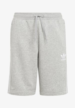 Šedé šortky z bavlněné směsi s elastickým pasem, šňůrkou a bílými bočními pruhy. Na levém stehně se nachází malé bílé logo Adidas.