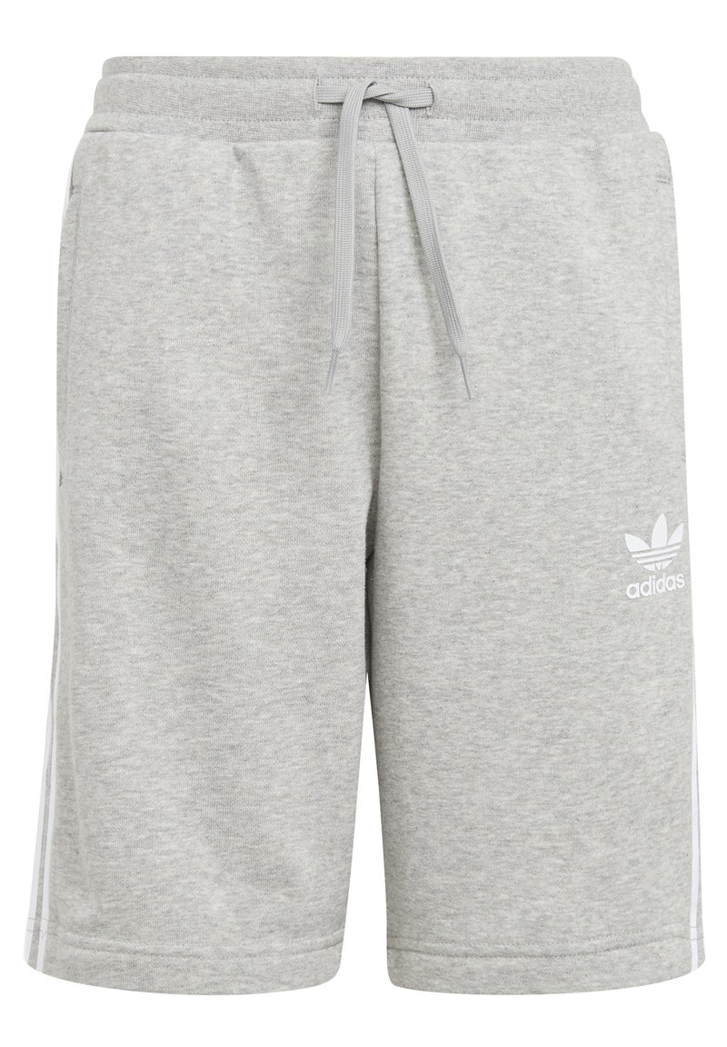 Pilki medvilnės mišinio šortai su elastingu juosmeniu, raišteliu ir baltais šonų dryžiais. Priekyje, ant kairiojo šlaunies, yra mažas baltas Adidas logotipas.