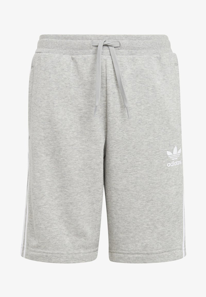 Szürke pamutkeverék rövidnadrág, rugalmas derékkal, zsinórral és fehér oldalsávokkal. Bal combján egy kis fehér Adidas logó található.