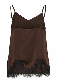 Camisole en satin marron à fines bretelles, ornée d'une bordure en dentelle noire à l'ourlet. Le tissu a une texture lisse et un col en V.