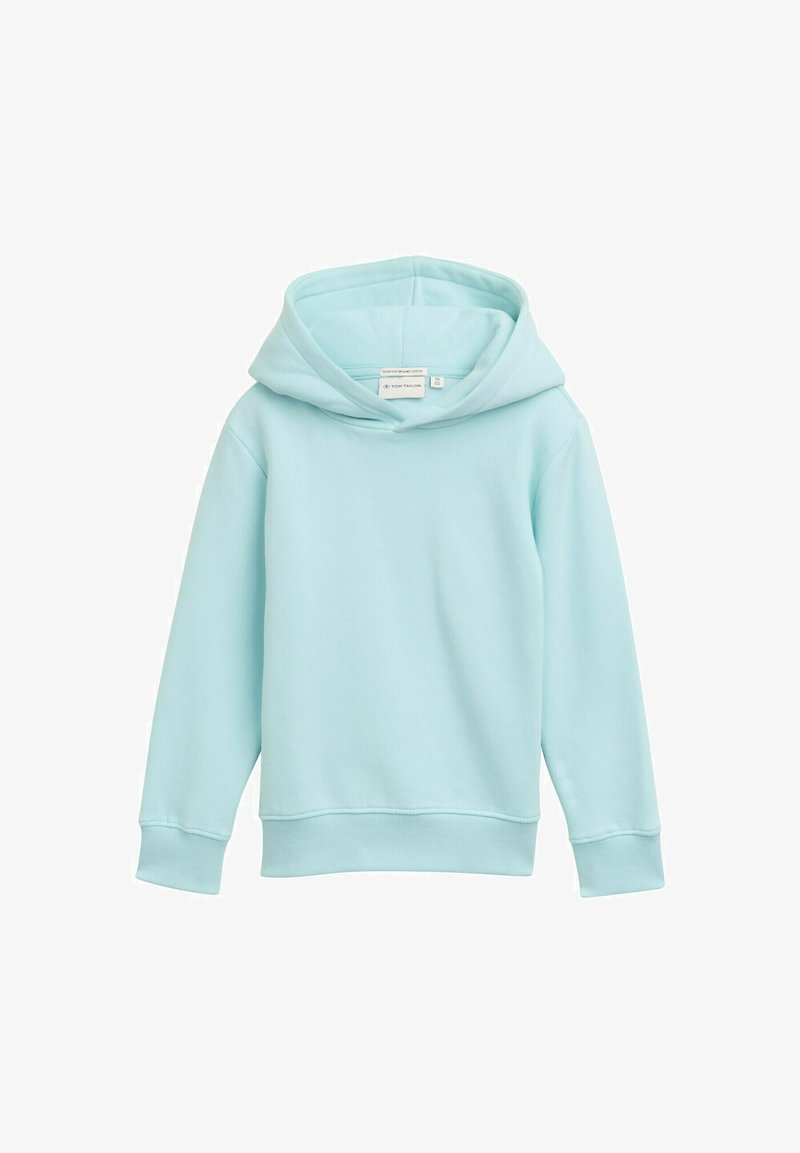 Jasnoniebieska bluza z kapturem wykonana z miękkiego materiału. Ma szeroki dekolt, długie rękawy oraz ściągacze w dolnej części i na mankietach.