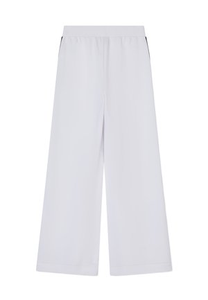 Pantalones blancos de pierna ancha con cintura elástica y dobladillo recto, mostrados sobre un fondo blanco liso.