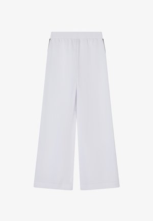 Pantalones blancos de pierna ancha con cintura elástica y dobladillo recto, mostrados sobre un fondo blanco liso.