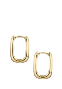 Złocone metalowe kolczyki o zaokrąglonym prostokątnym kształcie z gładką powierzchnią i delikatnie zaokrąglonymi krawędziami.