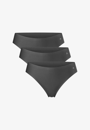Tres pares de bragas de bikini para mujer en gris oscuro. Diseño sin costuras con una textura suave y una cinturilla ancha y plana. Acentos de marca mínimos.
