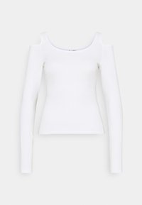 Valkoinen pitkähihainen paita, jossa on olkaleikkaukset, tiukka malli, valmistettu sileästä kankaasta, jossa on pyöreä kaula-aukko ja yksinkertainen rakenne.