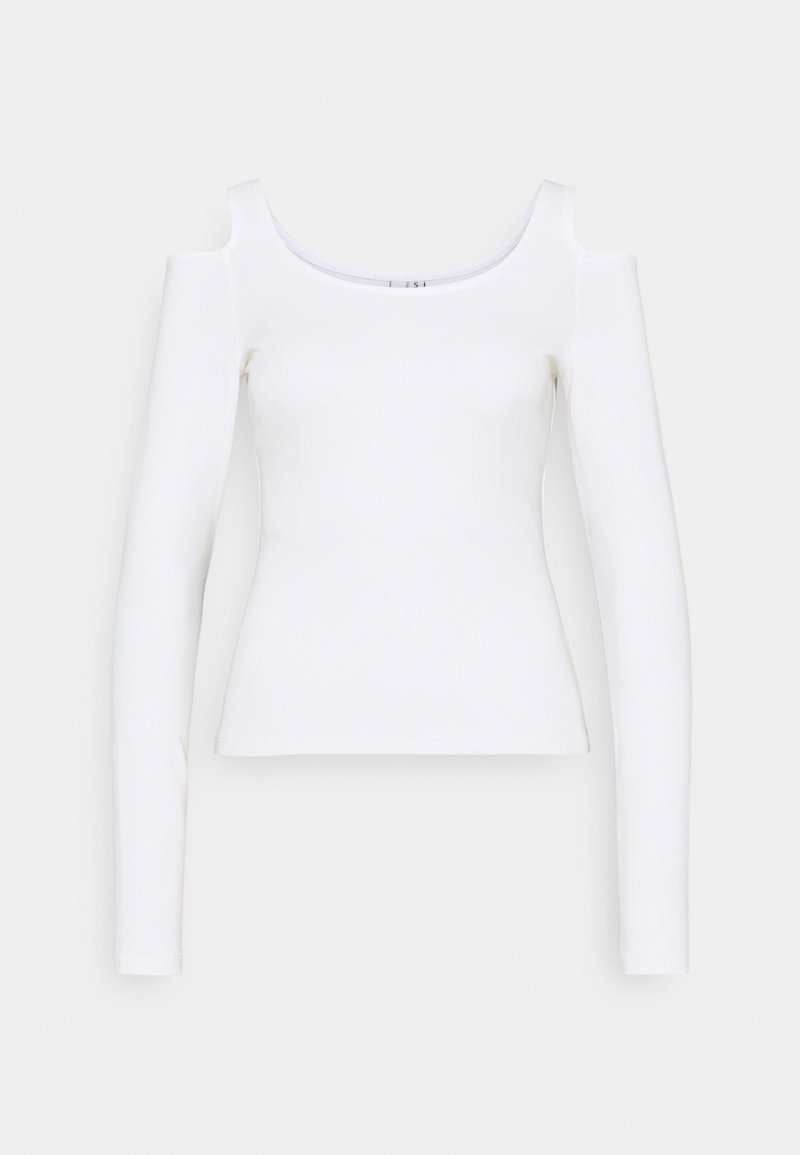 Valkoinen pitkähihainen paita, jossa on olkaleikkaukset, tiukka malli, valmistettu sileästä kankaasta, jossa on pyöreä kaula-aukko ja yksinkertainen rakenne.