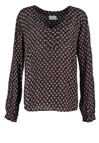 Blouse noire à manches longues en tissu transparent, avec un col en V et un motif floral rose répété sur l'ensemble. Manches élastiquées.