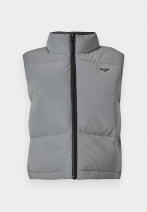 Sleeveless gray padded vest with high collar, front black zipper, and small black logo on the upper left chest.