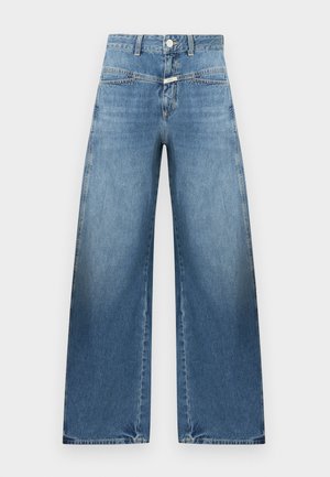 Blue high-waisted wide-leg jeans with front button and zipper closure, front pockets, and belt loops on a plain background.