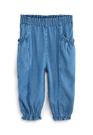 Pantalon enfant bleu à taille élastique avec poches avant froncées et poignets élastiqués sur fond blanc.
