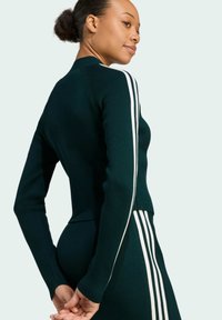 Dark green ribbed sweater with long sleeves, featuring white stripes along the sides. Back view shows fitted design and textured fabric.