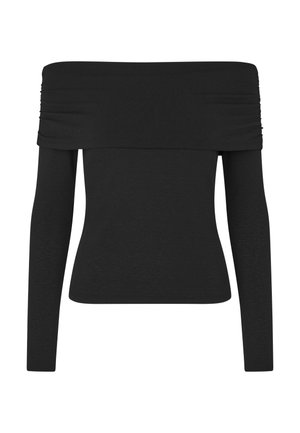 Musta poimittu off-the-shoulder -paita pitkillä hihoilla, jossa on kerätty kangas yksityiskohta kaula-aukon ympärillä, sileä pinta ja slim fit -malli.