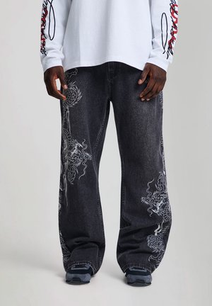 Ed Hardy, MENS EMBROIDERED SOARING DRAGON FLARE JEANS - Relaxed fit jeans - washed black