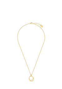 Collana d'oro con una delicata catena e un pendente con due anelli intrecciati. Design semplice con una finitura lucida e chiusura a gancio.