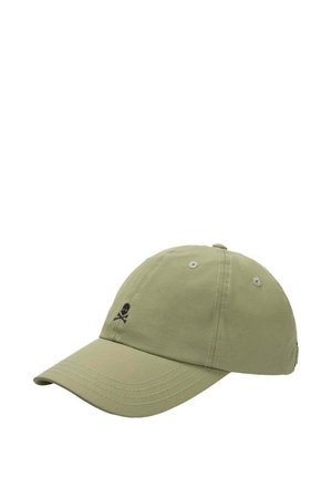 Gorra de béisbol color verde oliva con visera curva y pequeño logo negro de calavera y huesos cruzados en el panel frontal.