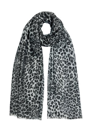 Leopardenmuster-Schal in Schwarz und Grau, aus weichem Stoff gefertigt. Mit fransigen Kanten, in einer Schleife drapiert, um die Musterdetails anzuzeigen.