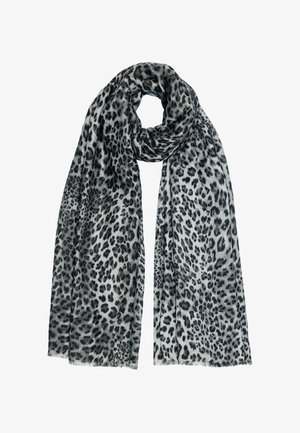 Leopard-print scarf in black and gray, made of soft fabric. Features fringed edges, draped in a loop to display pattern details.