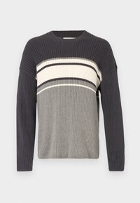 Knitted sweater with ribbed texture, featuring dark grey sleeves and a body in light grey with an ivory and navy stripe pattern.