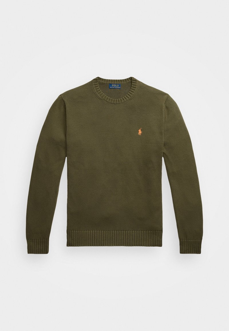Pull en maille vert olive à col rond, manches longues, avec un petit logo Polo Ralph Lauren orange sur la poitrine gauche.