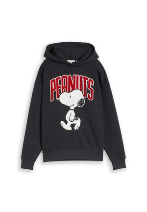 Zwarte hoodie met capuchon, met een grote witte Snoopy-figuur en opvallende rode "PEANUTS" tekst bovenaan aan de voorkant.