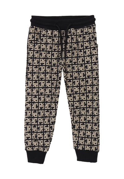Pantaloni jogger neri con un motivo ripetuto di lettere beige. Realizzati in un materiale morbido con una vita elasticizzata e orli a costine.