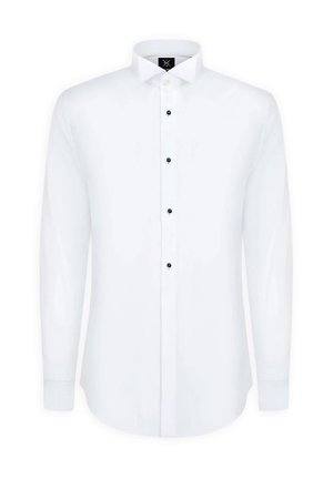 Biała koszula na długi rękaw z czarnymi guzikami i klasycznym kołnierzykiem, przedstawiona na płasko na białym tle.