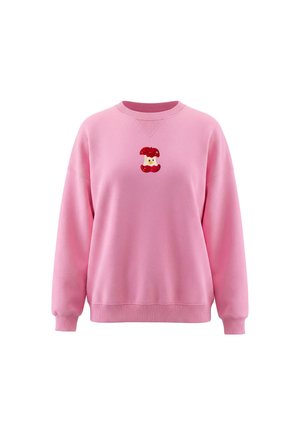 Felpa rosa a maniche lunghe con collo a costine, polsini e orlo, caratterizzata da una piccola grafica di torsolo di mela rosso e bianco al centro del petto.