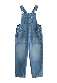 Salopette en denim bleu clair avec bretelles réglables, deux poches avant et des boutons décoratifs sur les côtés. Coupe classique à jambes droites.